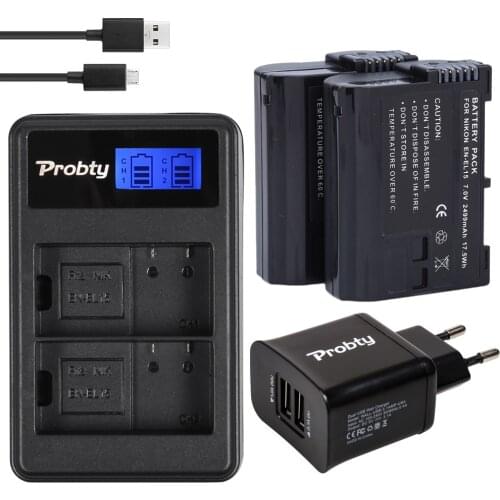 PROBTY 2Pcs EN-EL15 ENEL15 EL15 camera battery + LCD USB Dual Charger + 2-Port Plug for Nikon D600 D800 D800E D7000 D7100 V1