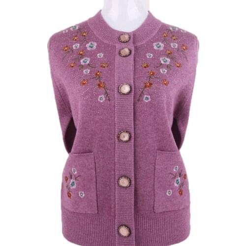 5XL Plus Size Knitted Sweaters Middle-aged and Elderly Womens Wool Sweater Single-breasted Embroidery Spring Autumn Coat Top