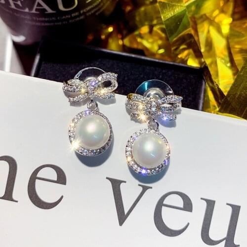 Luxury Female White Pearl Drop Earrings Vintage Silver Color Wedding Earrings For Women Cute Crystal Bow Small Stud Earrings