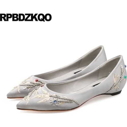 Satin Flats Boat Chinese Wedding Shoes Floral Embroidery Flower Women Pointed Toe Red Beaded Handmade Watermelon Spring Autumn