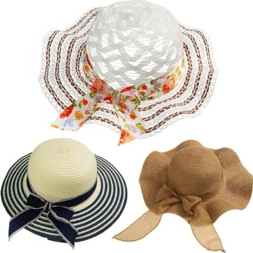 Parent-Child Mother Daughter Summer Straw Sun Hat Wavy Wide Brim UV Protection Sweet Ribbon Bowknot Travel Beach Panama Cap