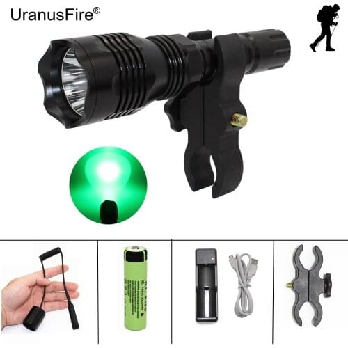 LED Flashlight Hunting Light Green Red Spotlight XP-E R2 350LM with Gun Clip + Remote Pressure Switch + 18650 + USB Charger