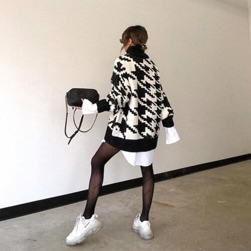 Long Sleeve Sweater Women Turtleneck Black Casual Knit Mini Houndstooth Vintage Loose Casual Sweater Female Pullover Knit Top