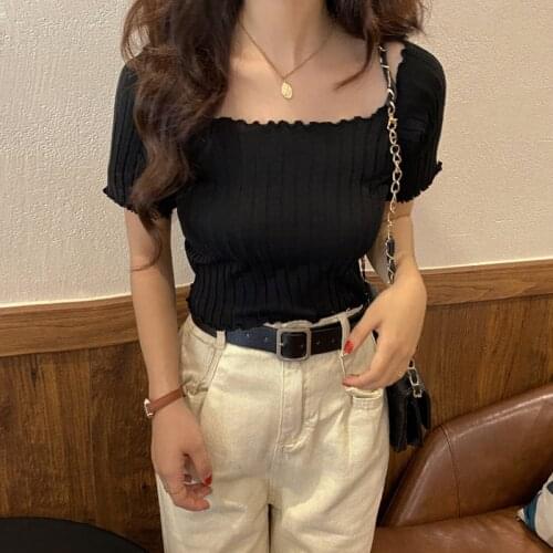 Casual Women T-shirts Summer Knitting Crop Tops Off Shoulder Short Sleeve Women Stretchy Ruffles Square Neck Stripes Slim Tops