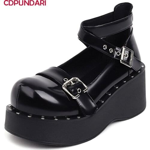 Lolita Shoes Women Black Ankle Strap Platform Wedges Pumps Ladies Spring Summer Rivet Punk High Heels Shoes Bride Tacones Mujer