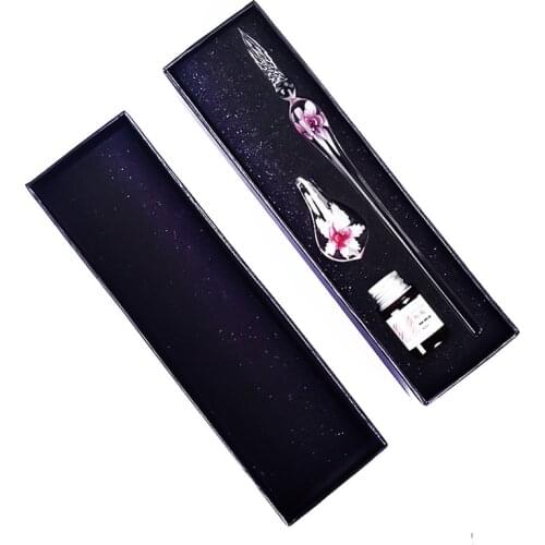Vintage Handmade Art Elegant Crystal Floral Glass Dip Pen Sign ink Pens Gift