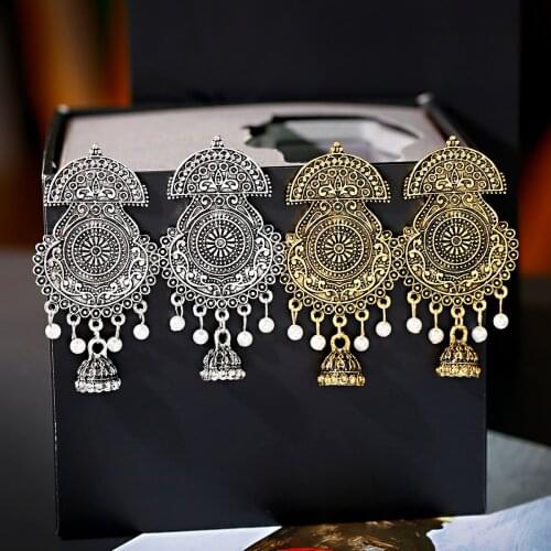 Boho Vintage Indian Jhumka Small Bell Tassel Drop Earring Gypsy Jewelry Alloy Carved Dangle Hanging Earrings For Women сережки