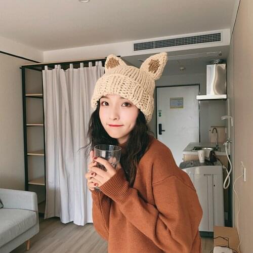 New Women Sweet Cat Ear Coarse Knitted Hat Winter Warm Fox Ear Solid Winter Beanies Panama Girl Melon Bonnet Skull Cap Present