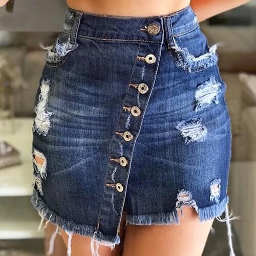 2021Women Short Denim Skirt Sexy Mini Jeans Solid Skirts Harajuku Fashion Ripped Streetwear Black blue Skirt High Waist Summer