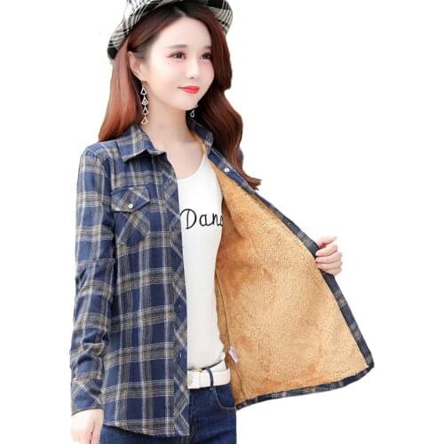 2020 Women Winter Warm Flannel Plaid Blouses Long Sleeve Turn Down Collar Pocket Velvet Shirts M-5XL Blusas Femininas Chemise