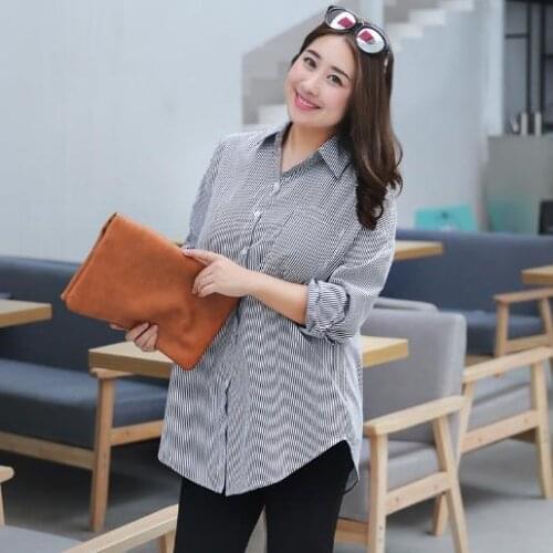 Tunic Women Blouse 2020 Oversized Elegant Women Winter Blouse Tops Vintage Long-sleeved Turn-down Collar Striped Shirts M716