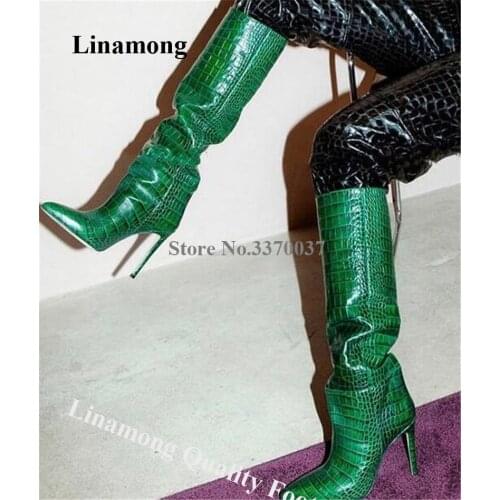 Linamong Women Elegant Pointed Toe Stiletto Heel Knee High Boots Green Blue Snake Leather Long High Heel Boots Dress Heels