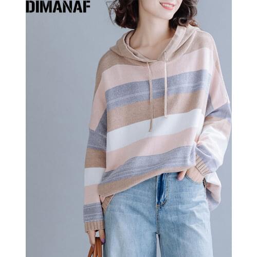 DIMANAF Plus Size Women Sweater Winter Pullovers Hooded Knitting Cotton Fashion Striped Loose Oversize Lady Tops Female Clothes