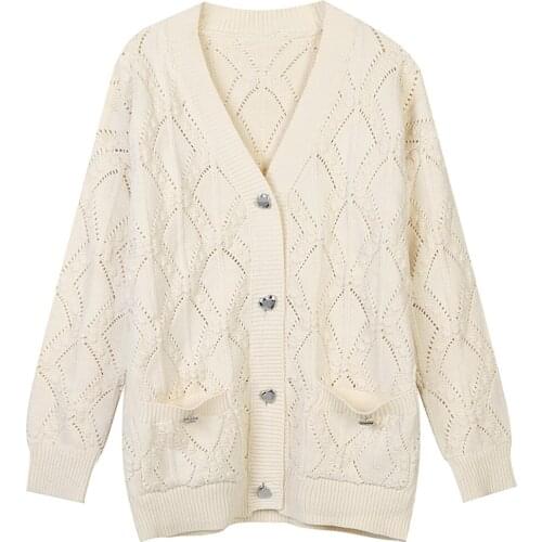 2021 Autumn Winter New Womens V-Neck Long Sleeve Solid Color Hook Flower Hollow Out Loose Temperament Knitted Warm Cardigan