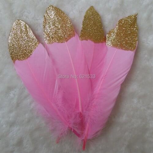 Gold Dipped Natural Pink Goose Satinettes Feathers -Gold Painted with Glitter,50pcs/lot,13-20cm long
