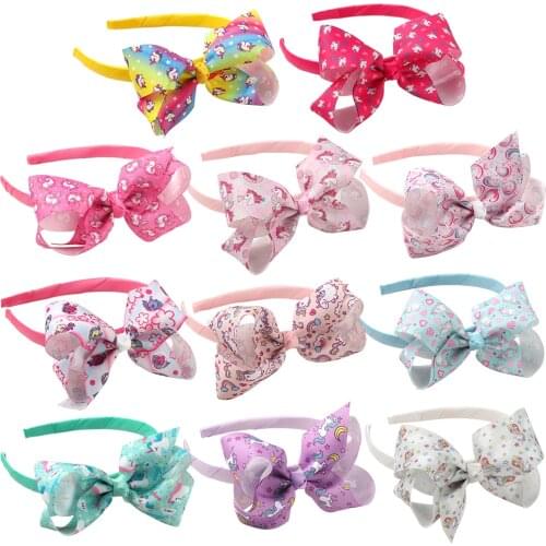 11pcs/lot Cartoon Unicorn Print Bows Hairbands Grosgrain Ribbon Hair Band 4.5" Hairbows