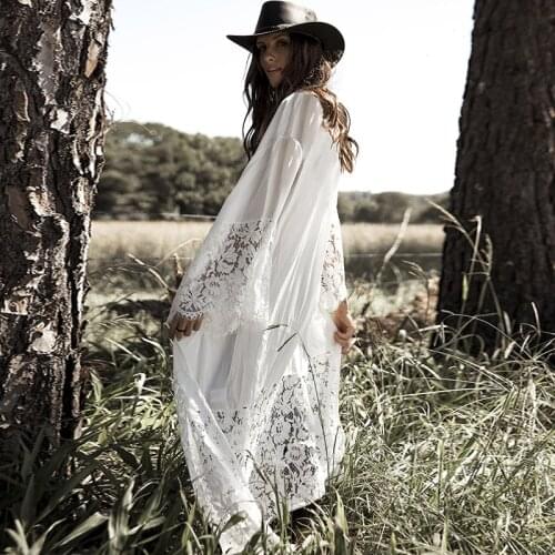2021 Womens Beach Long Dress Rayon Lace Maxi White Dress Sunscreen Cardigans Dress V-neck Kimono Wrap Dress Holiday Cover Dress