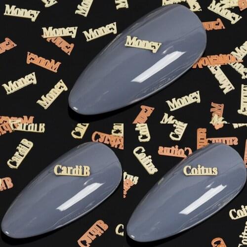 800pcs/Pack Gold brown Pop English Word YES NO MONEY CardiB ETC. Metal Sticker Nail Art Slice Decals Manicure Decor