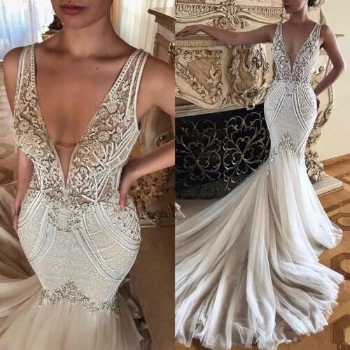 Arabic Sexy Lace Beaded Wedding Dresses Deep V Neck Mermaid Bridal Dress Vintage Tulle Cheap Wedding Gowns