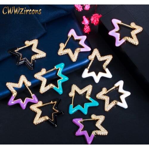 CWWZircons Double Side Gold Color Enamel CZ Lucky Star Stud Earrings for Women Fashion Hip Hop Punk Jewelry Accessories CZ831