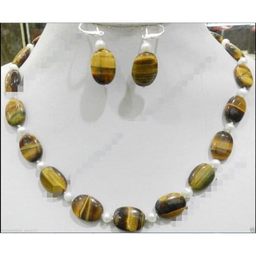 Hot Sell! NATURAL TIGERS EYE OVAL GEMS & TRUE WHITE CULTURED PEARL NECKLACE EARRING SET