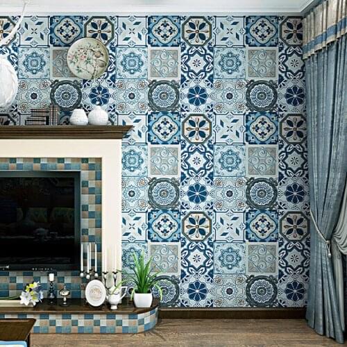 Imitation Tile Wallpaper Background Wallpaper Bohemian National Style Mediterranean Southeast Asian Style Living Room Bedroom