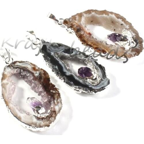 Kraft-beads Silver Plated Slice Geode Inlay Purple Amethysts Quartz Irregular Shape Agates Modern Pendant Charm Jewelry