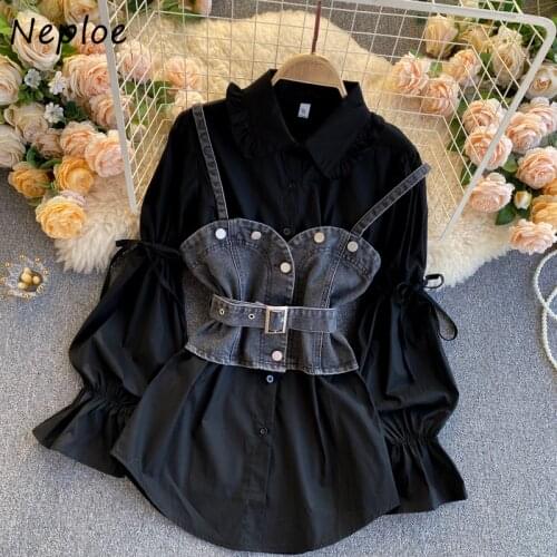 Neploe Korean Elegant Women 2piece Blouse Sets Tie Puff Sleeve Ruffle Turn-down Collar Blouse + Sashes Slim Demin Vest
