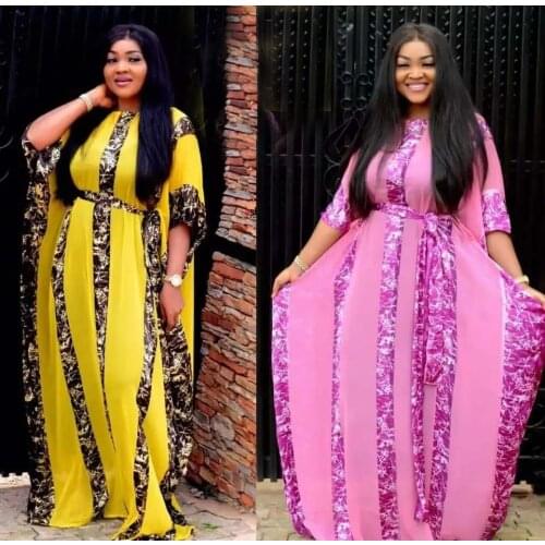 New style classic African womens Dress Dashiki fashion Chiffon loose big bat sleeve belt digital print dress free size