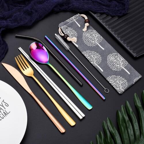 Portable Reusable Travel Dinnerware Set 304 Stainless Steel Fork Scoop Chopsticks Straw Brush Set Rainbow Cutlery with Pouch