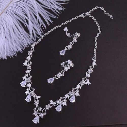 Luxury Wedding Bridal Jewelry Sets for Brides Women Party Necklace Clip Earring Set Elastic Rope Silver color Crystal Jewelry