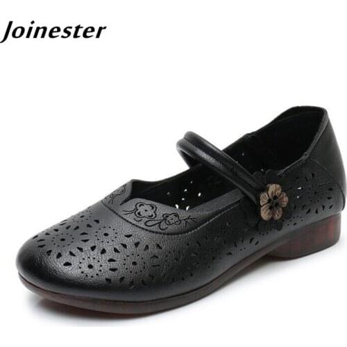 Genuine Leather Women Ankle Strap Flats Pure Color Hollow Out Sandals for Ladies Mom Daily Walking Shoes обувь для женщ