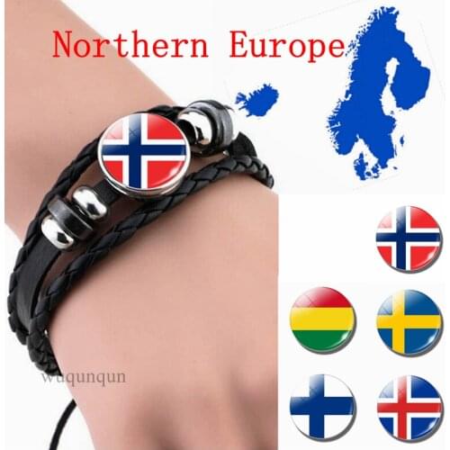 Northern Europe: Denmark Sweden Finland Norway Iceland Flag Black Bracelet Glass Dome Jewelry Leather Button Men Bangle Gifts