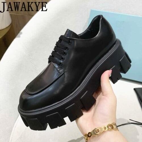 Genuine Leather Lace up Loafers Shoes Women Round toe Thick Bottom Casual Punk Shoes Spring Autumn Luxury Brand Flat Shoes mujer