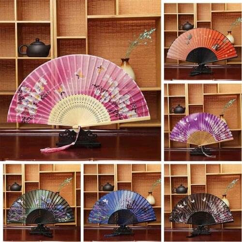 Vintage Bamboo Folding Hand Held Cherry Blossoms Fan Chinese Dance Party Decor Gifts Wedding Colorful Ancient Style Floral Fan