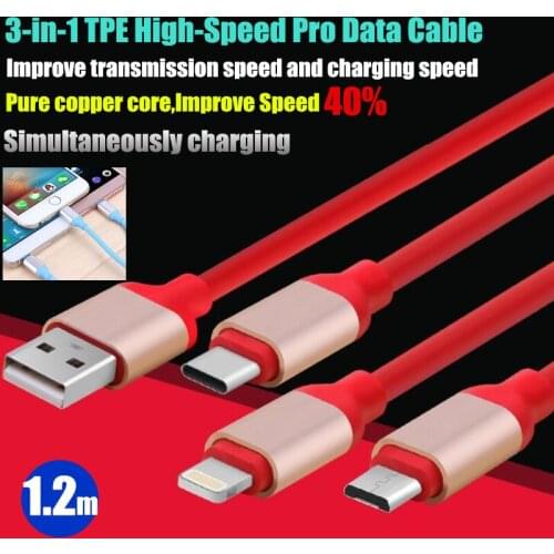20pcs 3 in 1 Pure Copper Core TPE High-Speed Data Cable,Improve Speed&Fast Charging 40%,For iPhone 8P Type-C Micro USB,2.1A,1.2m