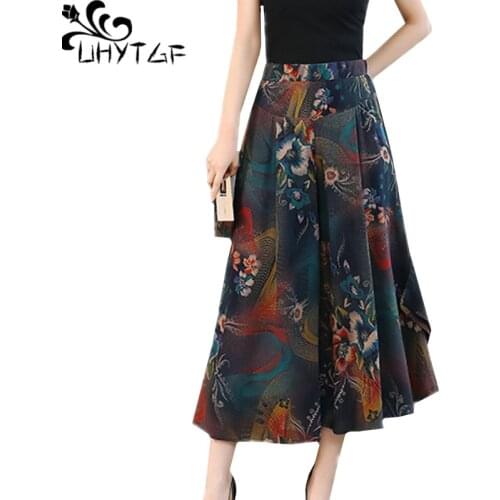 UHYTGF Summer skirt pants womens fashion printing casual comfortable big swing trousers female high waist vintage thin pants 908