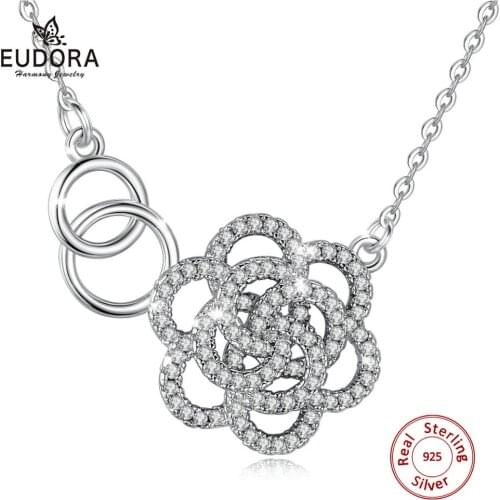 Eudora 925 Sterling Silver Delicate Flower rose pendant Necklace with AAA Cubic Zirconia Love knot jewelry for Dropshipping D25