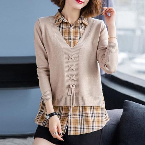 Women Clothes Autumn Winter Sweater V-neck Long Sleeve Cotton Knitted Sweater Hedging Loose Shirt Fake Two Blouses Mulher Blusas