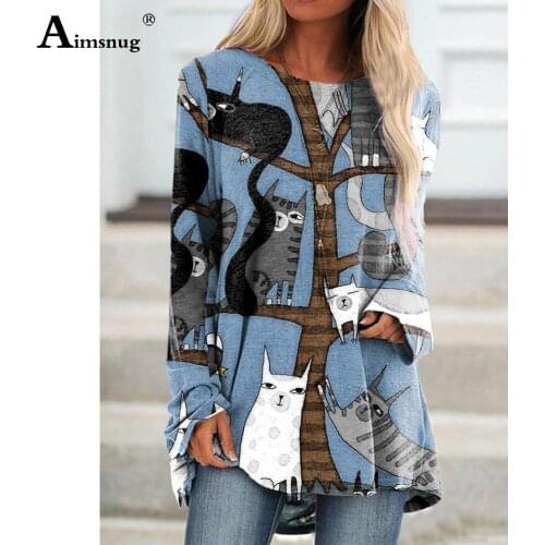 Plus Size 5xl Ladies Elegant Leisure Casual T-shirt Fashion Cats Print O-neck Loose Womens Top Clothing 2021 Autumn Tees shirt