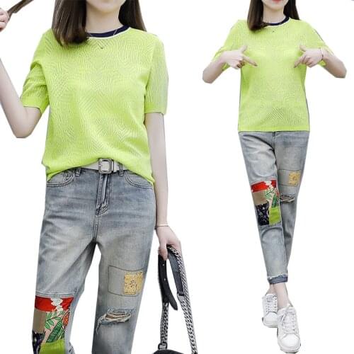 2021Summer Women Sets Short Sleeve T Shirt And Ripped Jeans 2pcs Clothing Female Casual Suits Fashion NewTwo-piece suit 3XLB825