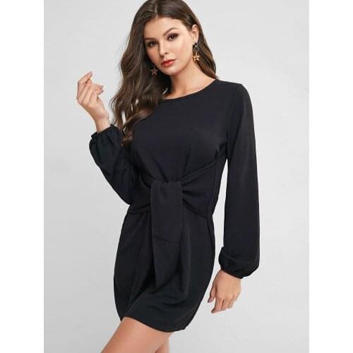 Summer New Commuting Casual Womens Wear Black Round Neck Lantern Sleeve Long Sleeve Loose Belt Dress