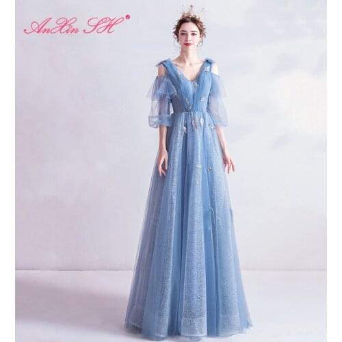 AXJFU princess Blue lace v neck evening dress Bride toast birthday party show host golden leaf lace blue evening dress 156