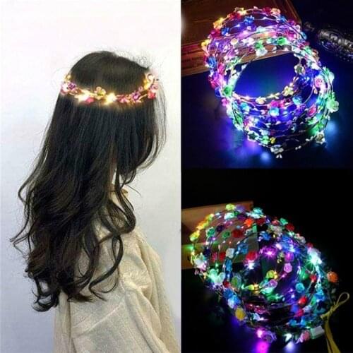 1Pcs LED Flower Crown Adjustable Flower Wreath Headband Headpiece Flower Headdress for Women Wedding Random