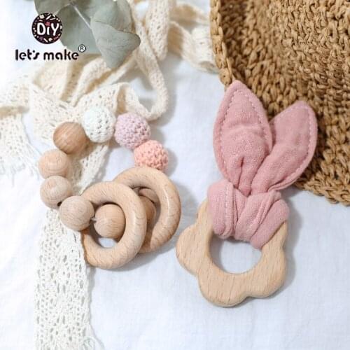 Lets Make 10pcs Wooden Teether Bead Silicone Teething Beads DIY Baby Toys Bracelet Set Baby Teether Rattle Toy Beech Wooden Kit