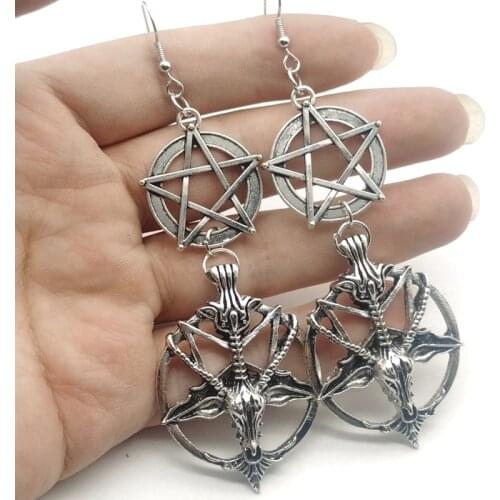 2021 New Fashion Glamour Retro Womens Pentagram Pan God Skull Goat Head Pendant Earrings Gothic Witch Jewelry