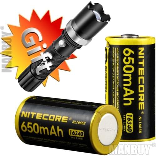 2020 NITECORE 2 Pieces NL1665R 650mAh 16340 CR123 Built-in USB Charge Port Rechargeable Li-ion Battery 3.6V Free Gift Flashlight