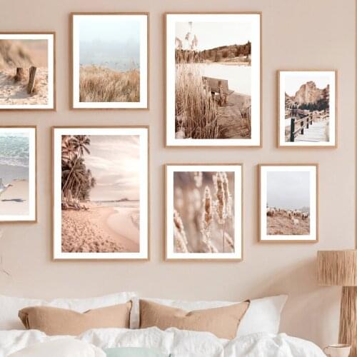 Beige Beach Palm Tree Grass Reed Bridge Seagull Wall Art Print Canvas Painting Nordic Poster Wall Pictures For Living Room Decor