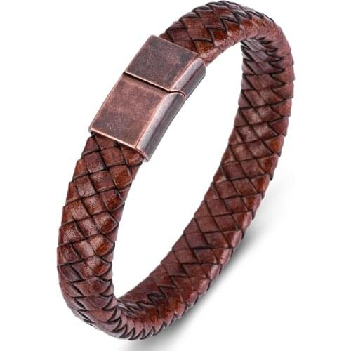 Vintage Jewelry Brown Braided Leather Bracelet for Men Stainless Steel Magnet Clasp Simple Handmade Bangles Male Wrist Band P171