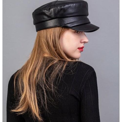 Real Leather Military Cap Men Army Cap Sailor Hats For Women Men Flat Top Female Travel Cadet Hat Captain Military Sheepskin Hat